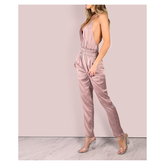 Dusty Pink V Neck Backless Satin Jumpsuit - Picture 2 of 5